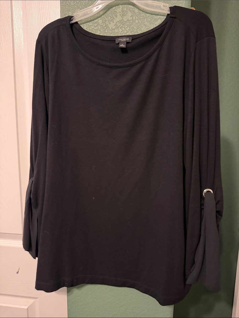 Ann Taylor Factory Black Long-Sleeve Top with Roll-Tab and Ring Detail
